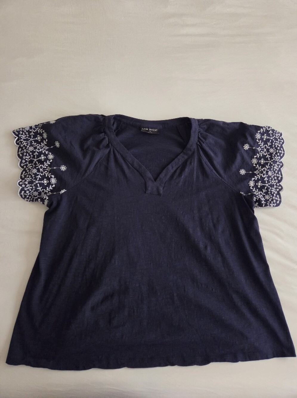Lane Bryant Navy Short Sleeve V-Neck Top with White Embroidered Sleeves